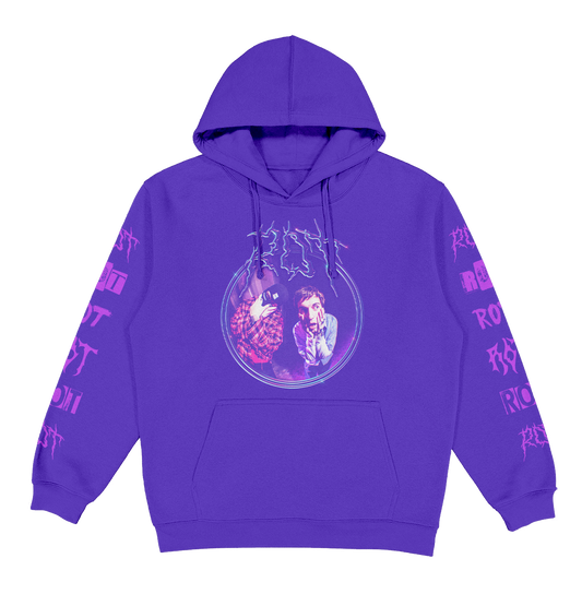 This image features a stylish black hoodie, prominently labeled with the word "ROT" in vibrant, eye-catching lettering that extends across the chest and into the sleeves. Above the text, a unique graphic adds an artistic touch: it depicts a stylized, abstract image in shades of purple and pink, giving a sense of motion or energy.