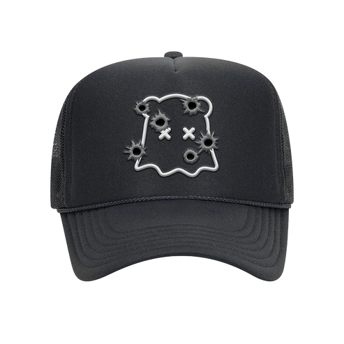 Black trucker cap with a distressed ghost design on a white background