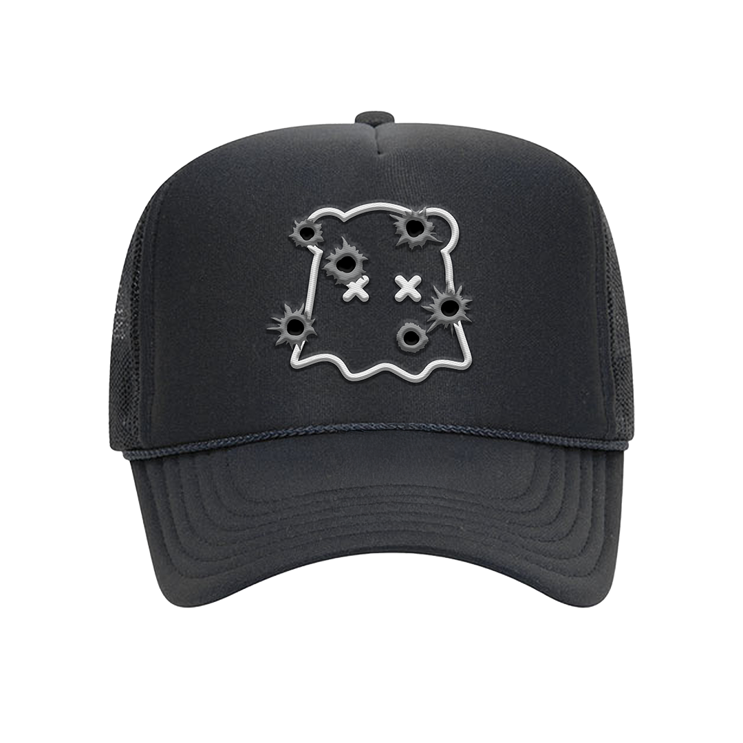 Black trucker cap with a distressed ghost design on a white background