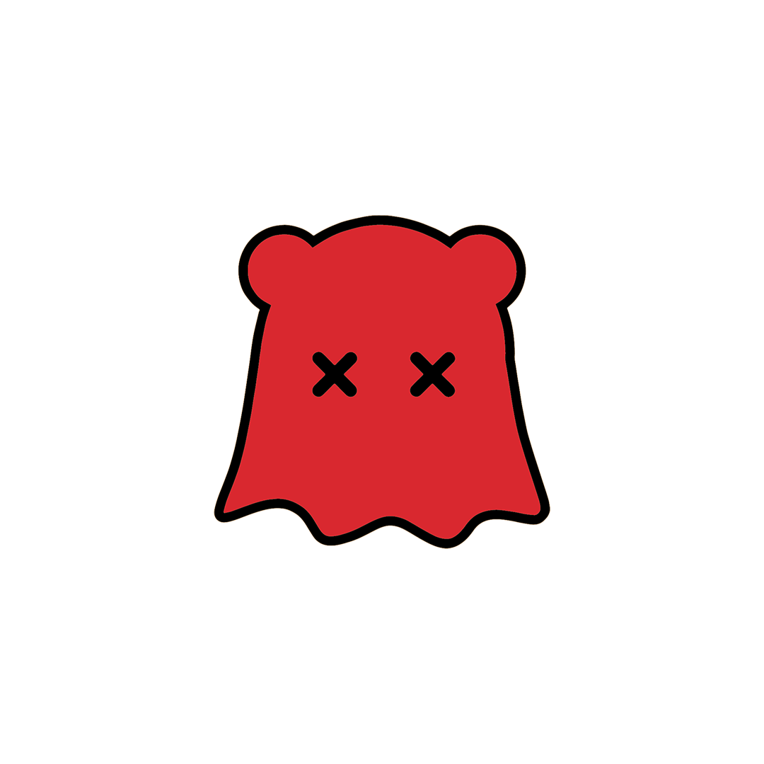 Red ghost-like character with black X's for eyes on a white background