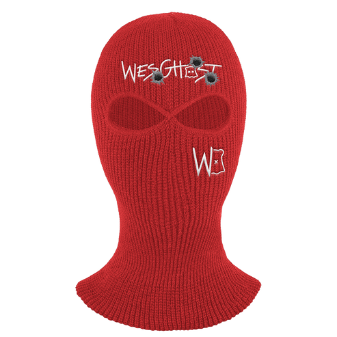 Red ski mask with 'WES GHOST' branding on a white background