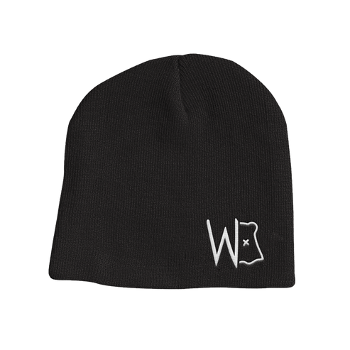 Black beanie with a white logo on a white background