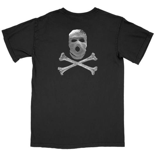 Black t-shirt with a skull and crossbones design featuring a face mask on a white background