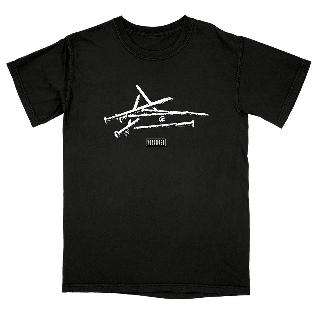 black tee with stacked nails design