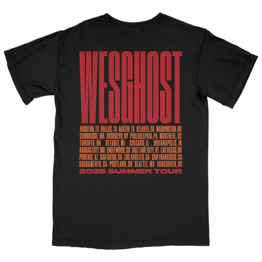 Black t-shirt with red text on a white background