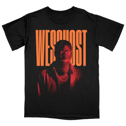 Black t-shirt with 'WESGHOST' graphic design on a white background